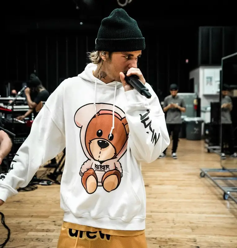 Justin Bieber outfit in Justin Bieber Merch, Drew House, and Nike, 2021