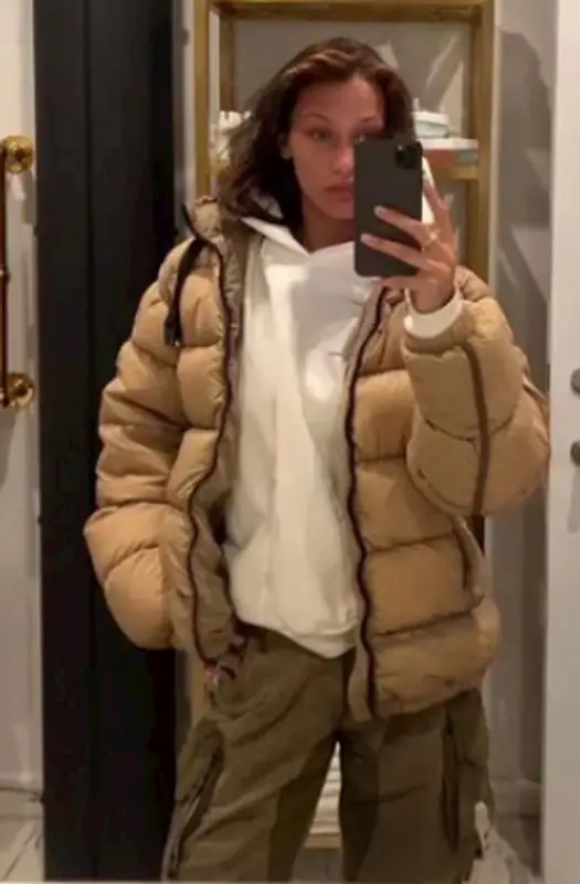 Bella Hadid outfit in Moncler, Shay Jewelry, and No Name, 2021