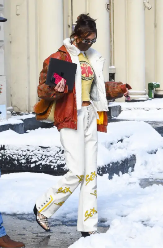 Bella Hadid outfit in Burberry and Skims, 2020