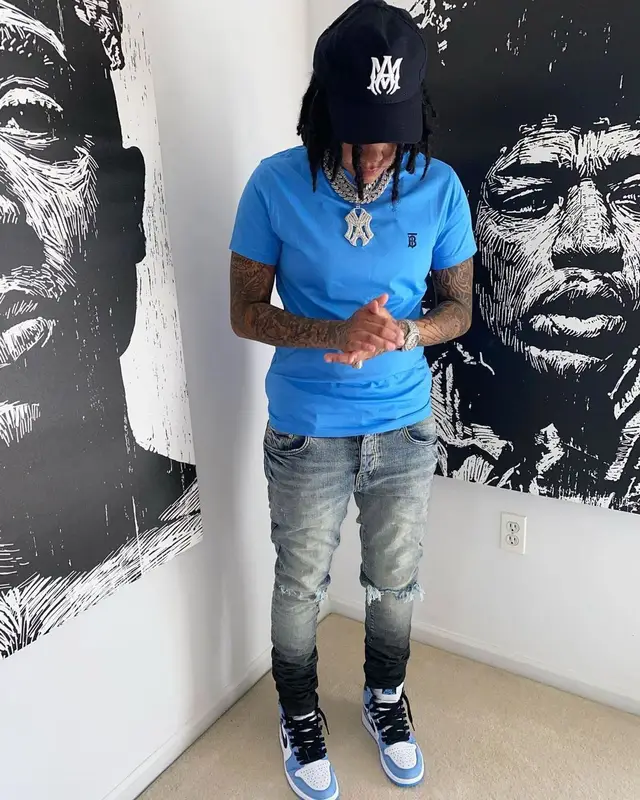 Young M.A outfit in Burberry, Purple Brand, and Amiri, 2021