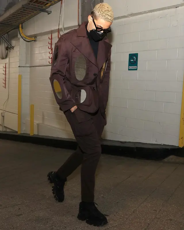 Kyle Kuzma outfit in Walter van Beirendonck, Prada, and Henry Mask, 2021