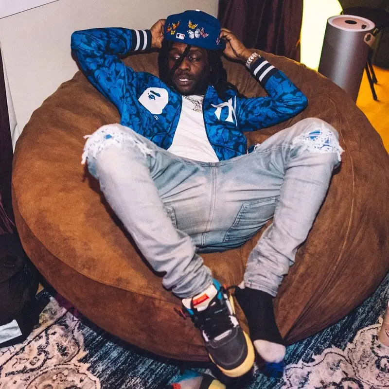 Chief Keef outfit in Bape, Amiri, and Mitchell & Ness, 2021