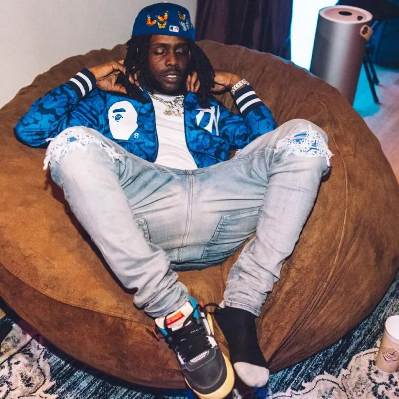 Chief Keef outfit in Bape, Amiri, and Mitchell & Ness, 2021