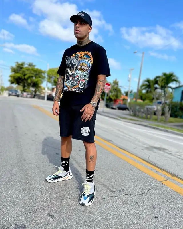 Nicky Jam outfit in Harley-Davidson, Eric Emanuel, and Yeezy, 2021