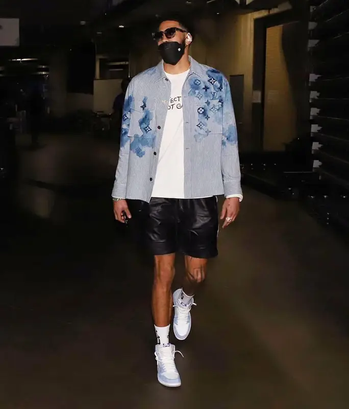 Jayson Tatum outfit in Louis Vuitton, CHNGE, and Nike, 2021