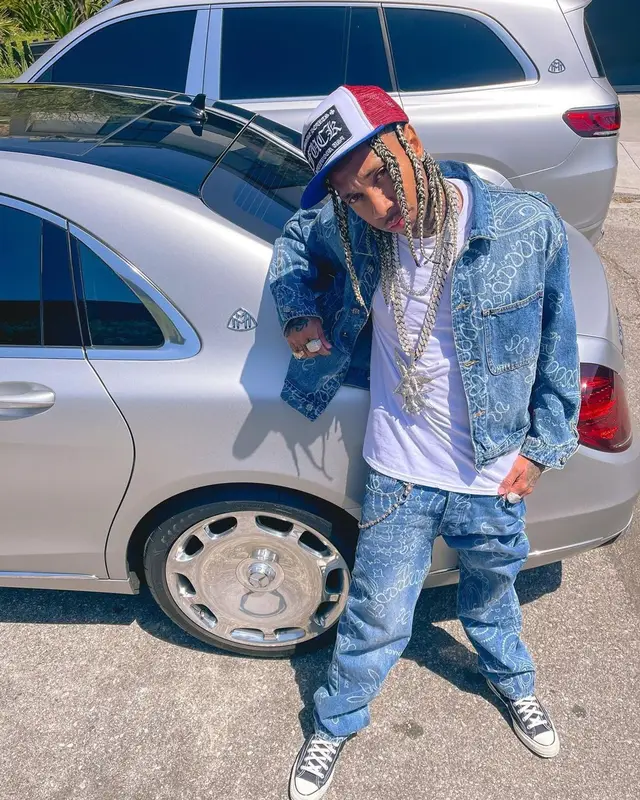 Tyga outfit in Menace, Converse, and Chrome Hearts, 2021