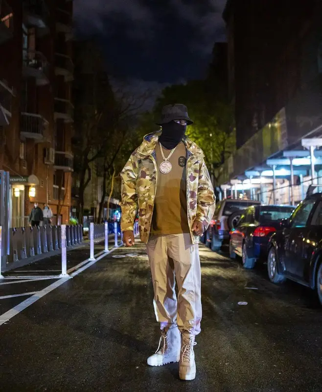 Fabolous outfit in Bape, Yeezy, and Alpha Industries, 2021