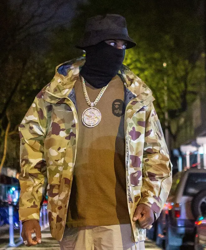 Fabolous outfit in Bape, Yeezy, and Alpha Industries, 2021