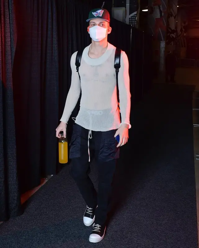 Tyler Herro outfit in Rick Owens, Louis Vuitton, and Henry Mask, 2021