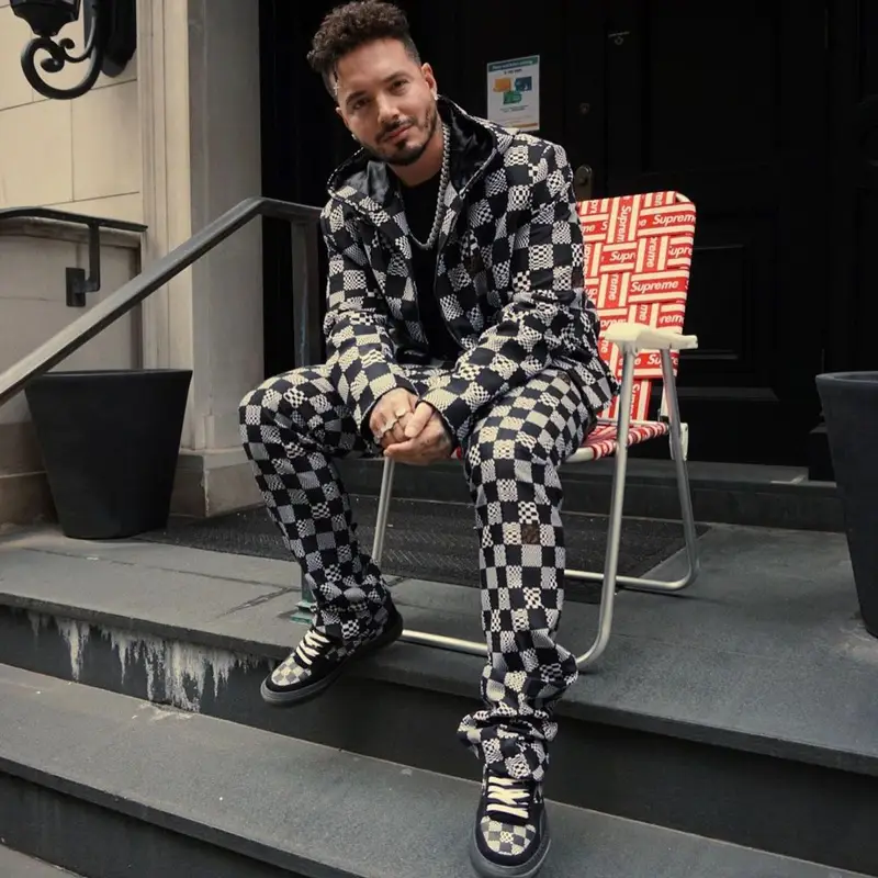 J Balvin outfit in Chrome Hearts, Louis Vuitton, and Supreme, 2021
