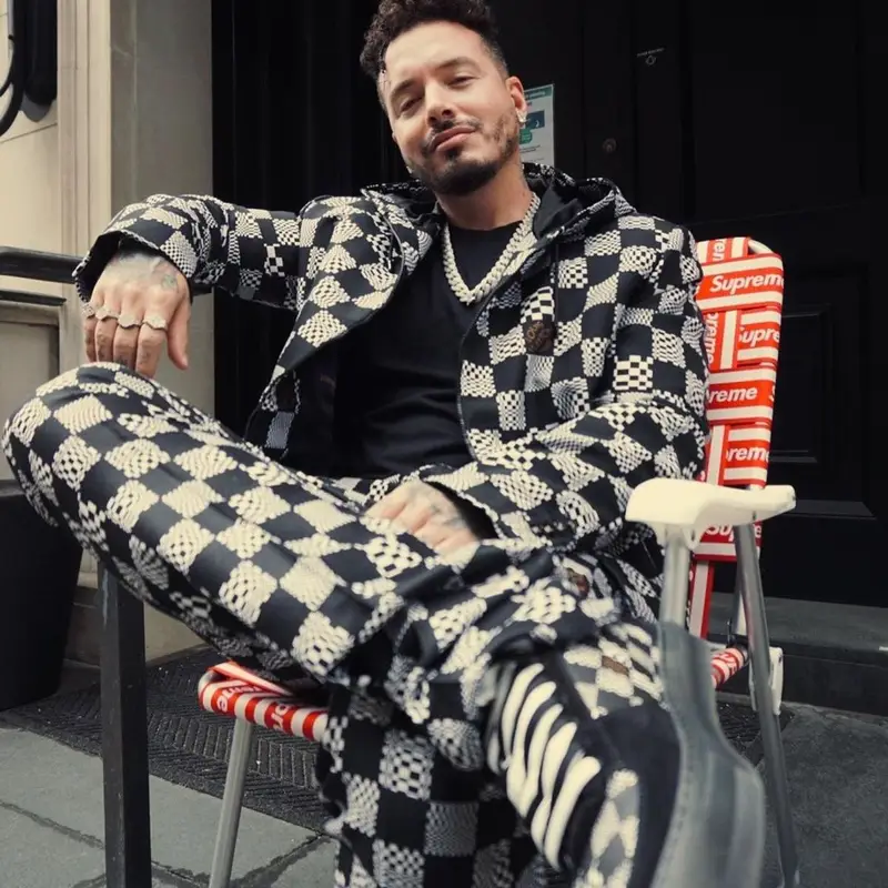 J Balvin outfit in Chrome Hearts, Louis Vuitton, and Supreme, 2021