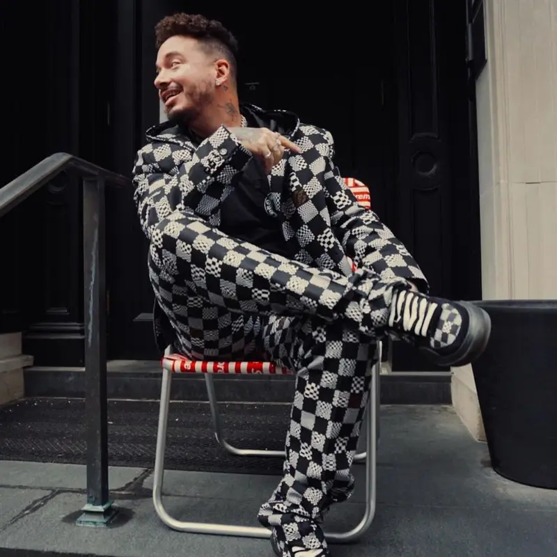 J Balvin outfit in Chrome Hearts, Louis Vuitton, and Supreme, 2021