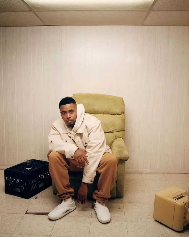 Nas outfit in Heron Preston and Calvin Klein, 2021