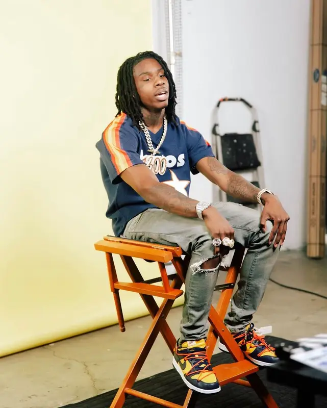 Polo G outfit in Mitchell & Ness, Purple Brand, and Nike, 2021