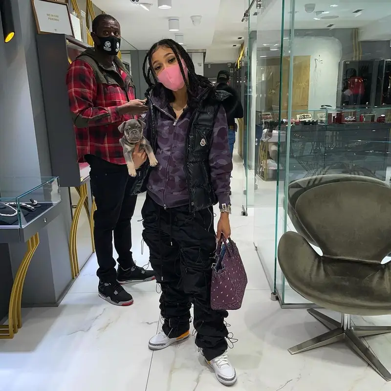 Coi Leray outfit in Moncler, Bape, and 99percentis, 2021
