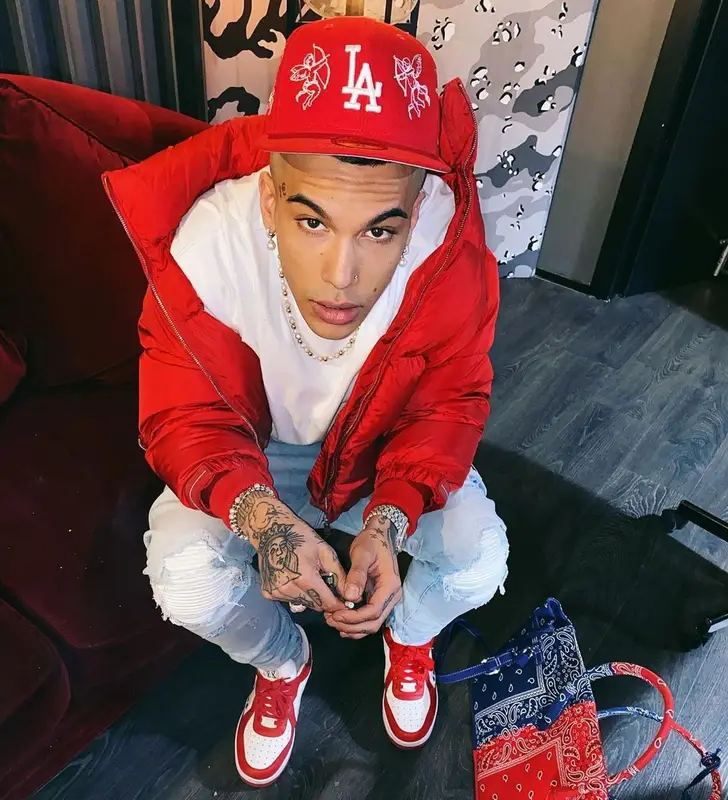 Sfera Ebbasta outfit in Prada, Amiri, and Demoworld, 2021