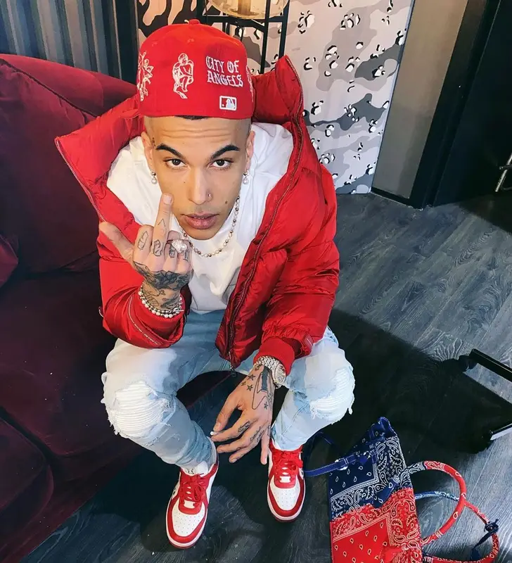 Sfera Ebbasta outfit in Prada, Amiri, and Demoworld, 2021