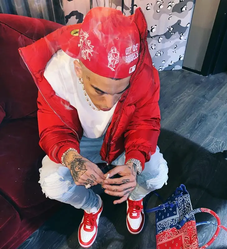 Sfera Ebbasta outfit in Prada, Amiri, and Demoworld, 2021