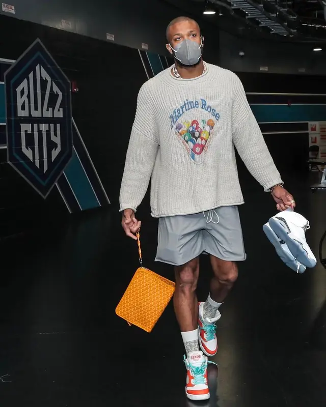 PJ Tucker outfit in Martine Rose, Goyard, and Henry Mask, 2021