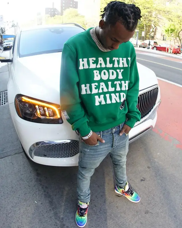 Rich The Kid outfit in Amiri, Purple Brand, and J Balvin Merch, 2021