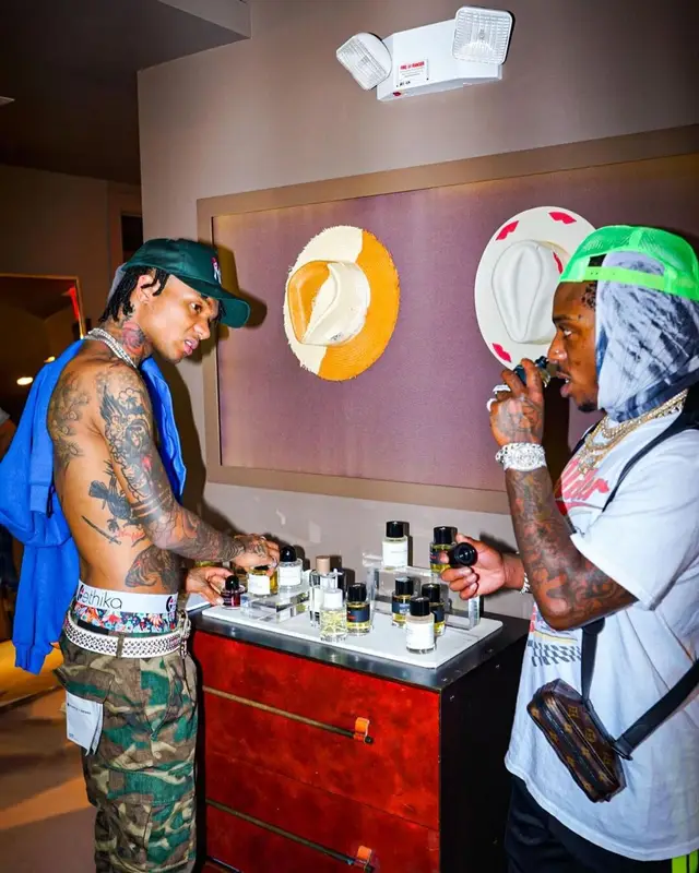 Swae Lee outfit in Purple Brand, B.B. Simon, and Ethika, 2021