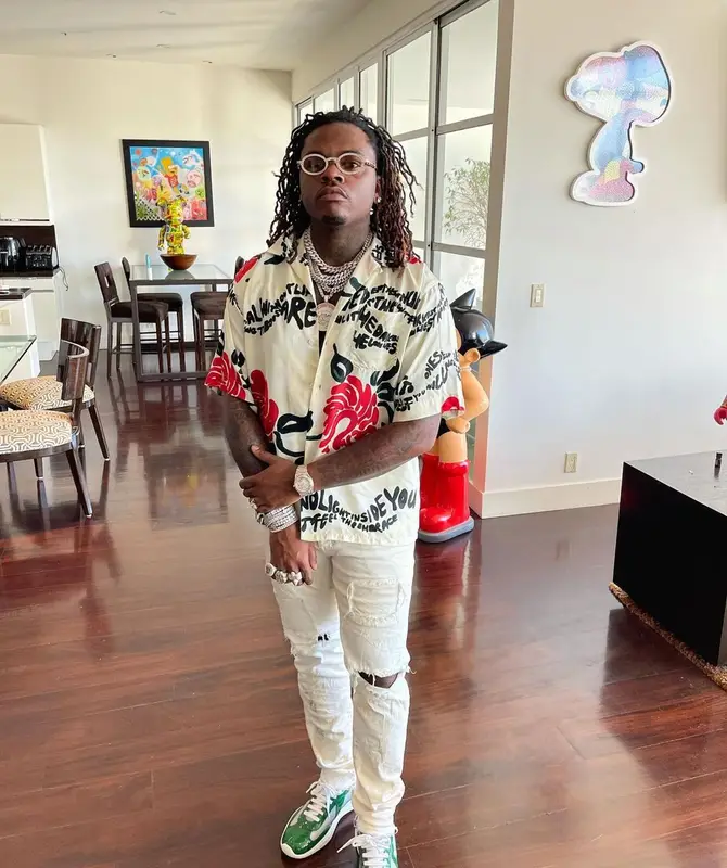 Gunna outfit in Marni, Purple Brand, and Cartier, 2021