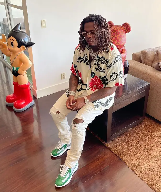 Gunna outfit in Marni, Purple Brand, and Cartier, 2021
