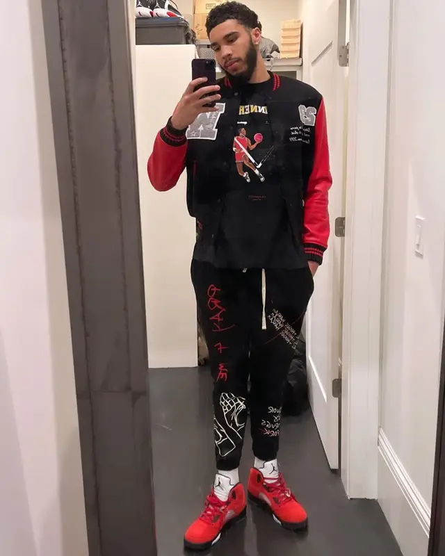 Jayson Tatum outfit in Off-White, All Things Haram, and Jordan, 2021
