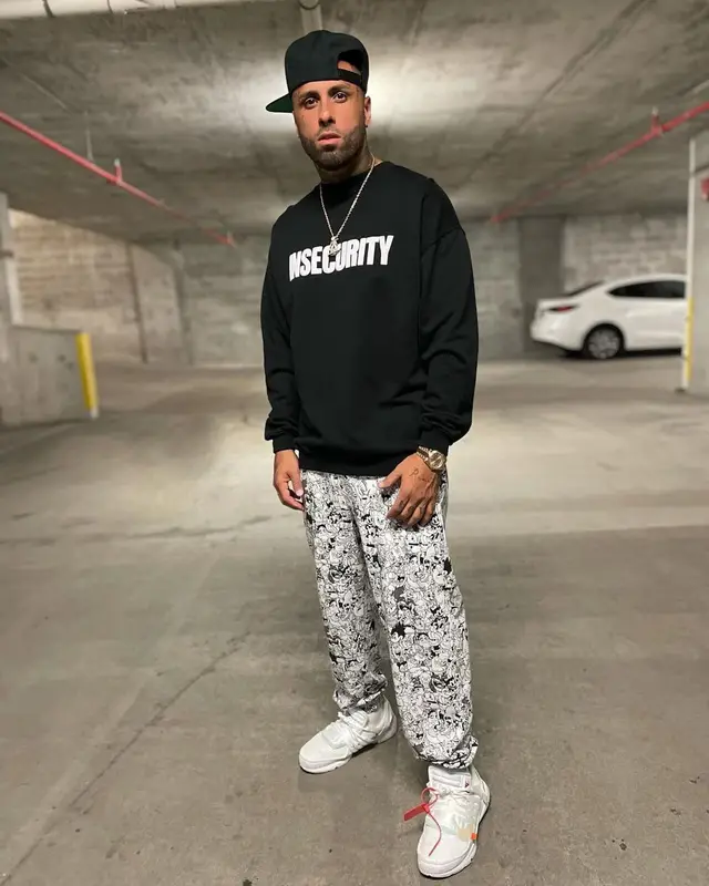 Nicky Jam outfit in Vetements, Nike, and Off-White, 2021