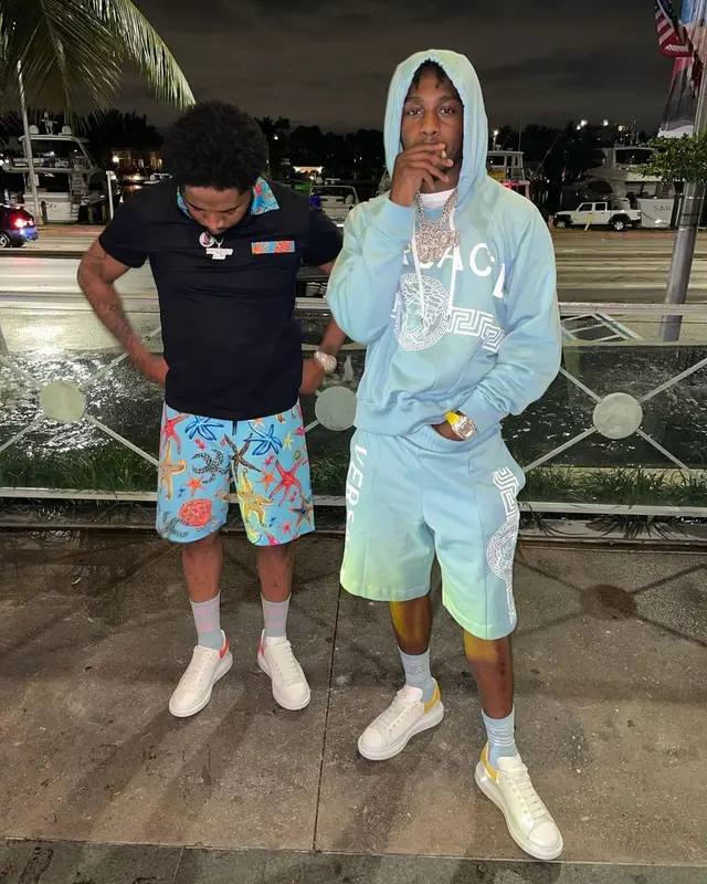 Lil Tjay outfit in Versace and Alexander McQueen, 2021