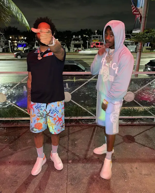 Lil Tjay outfit in Versace and Alexander McQueen, 2021