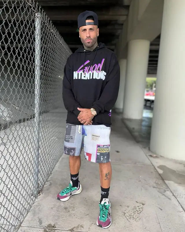 Nicky Jam outfit in Vlone, Nav Merch, and Gallery Dept., 2021