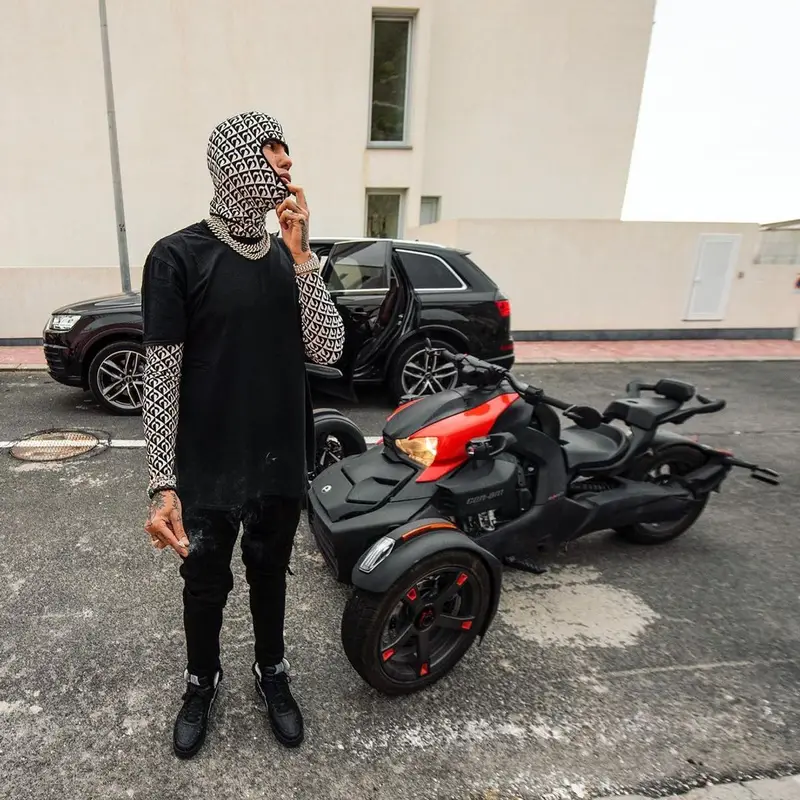 Sfera Ebbasta outfit in Marine Serre, Amiri, and Enterprise Japan, 2021