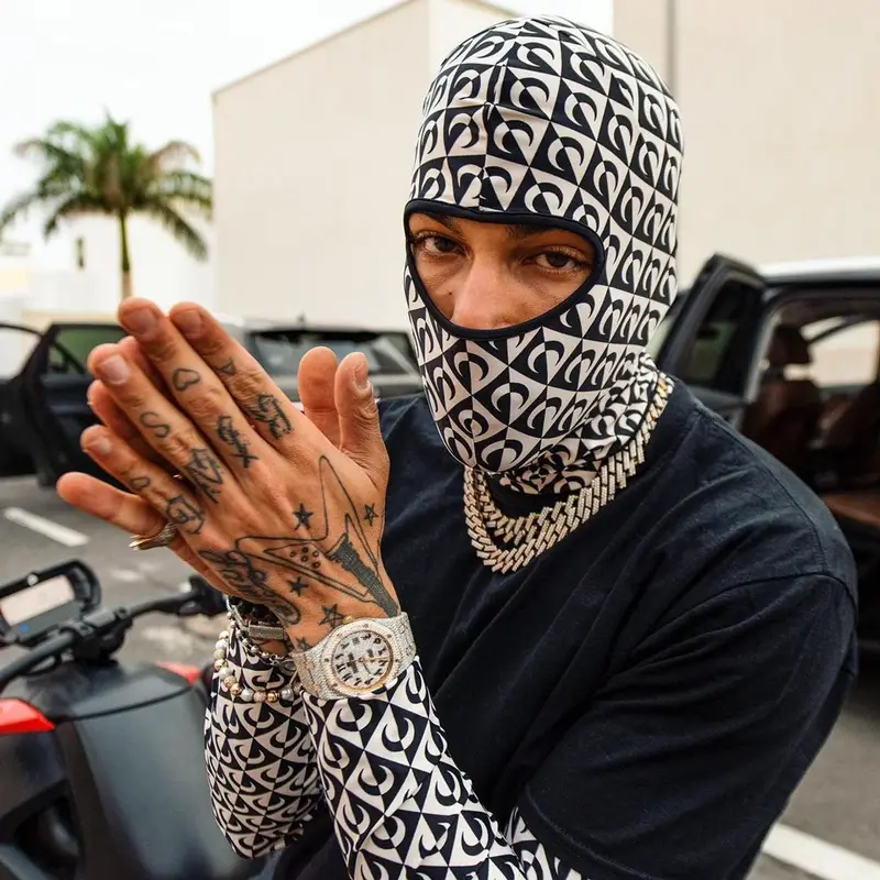 Sfera Ebbasta outfit in Marine Serre, Amiri, and Enterprise Japan, 2021