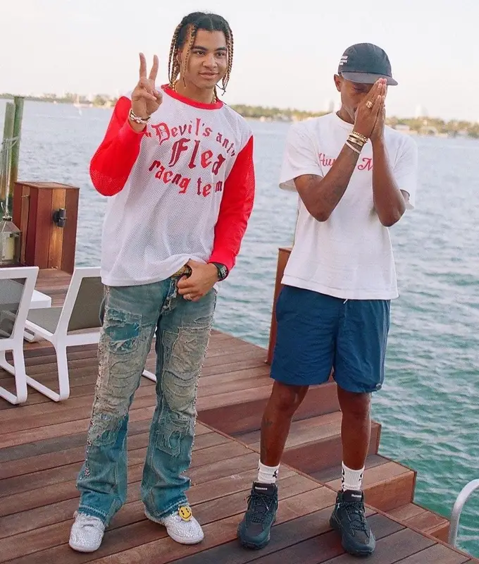 24kGoldn outfit in Kapital, Cactus Plant Flea Market, and Human Made, 2021