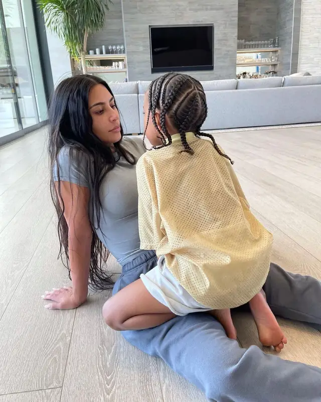 Kim Kardashian outfit in Skims, Yeezy, and Vans, 2021