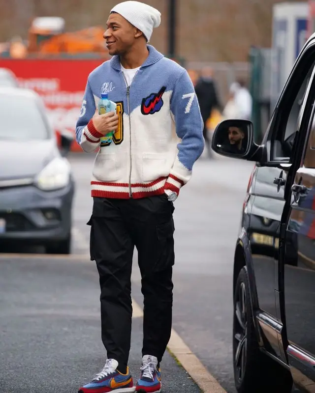 Kylian Mbappe outfit in Nike, Sacai, and Hublot, 2021