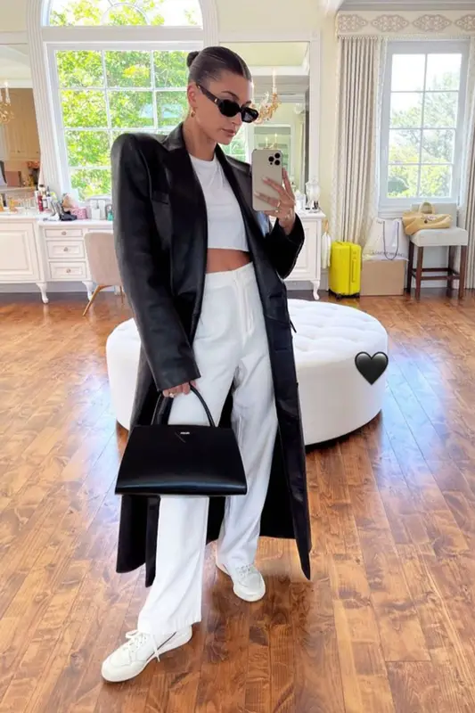 Hailey Bieber outfit in The Attico, Jennifer Fisher, and Linda Farrow, 2021
