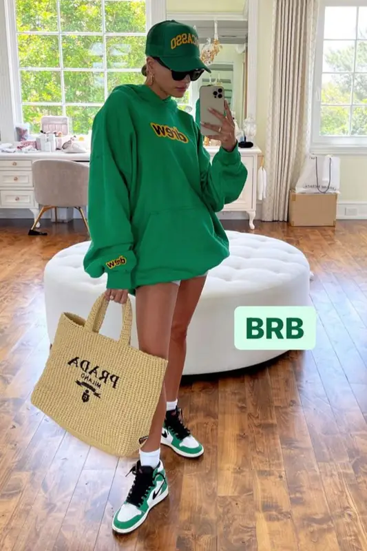 Hailey Bieber outfit in Drew House, Saint Laurent, and Urban Outfitters, 2021