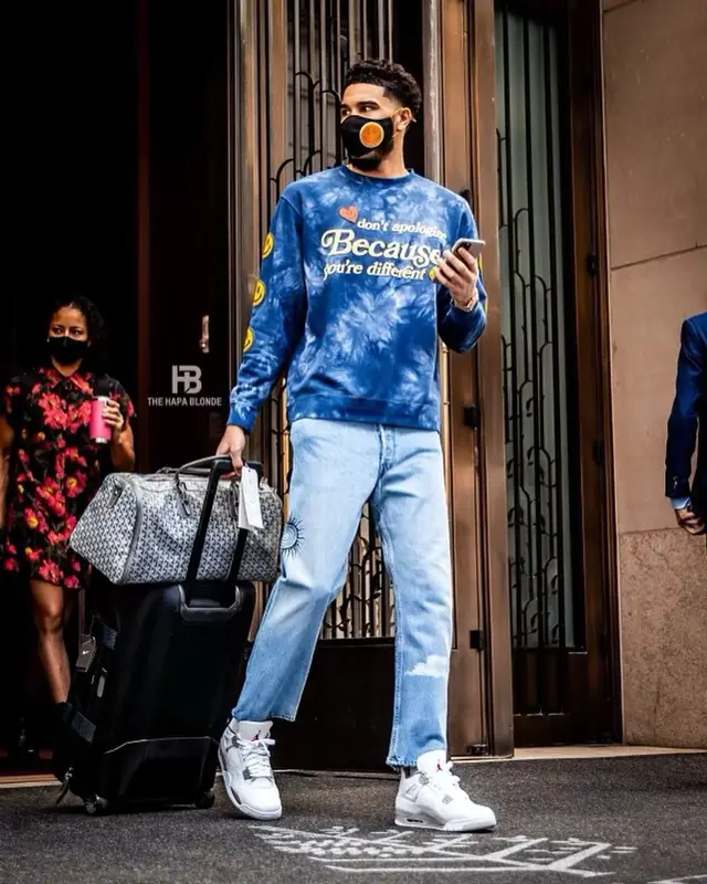 Jayson Tatum outfit in Jordan, Valas Los Angeles, and Super73, 2021