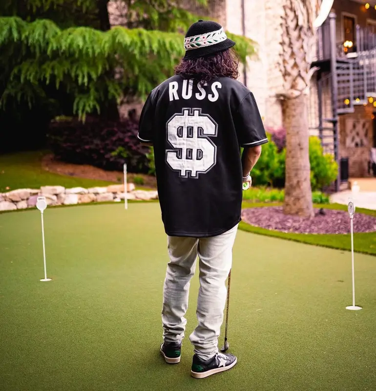 Russ outfit in Russ Merch, Purple Brand, and Casablanca, 2021