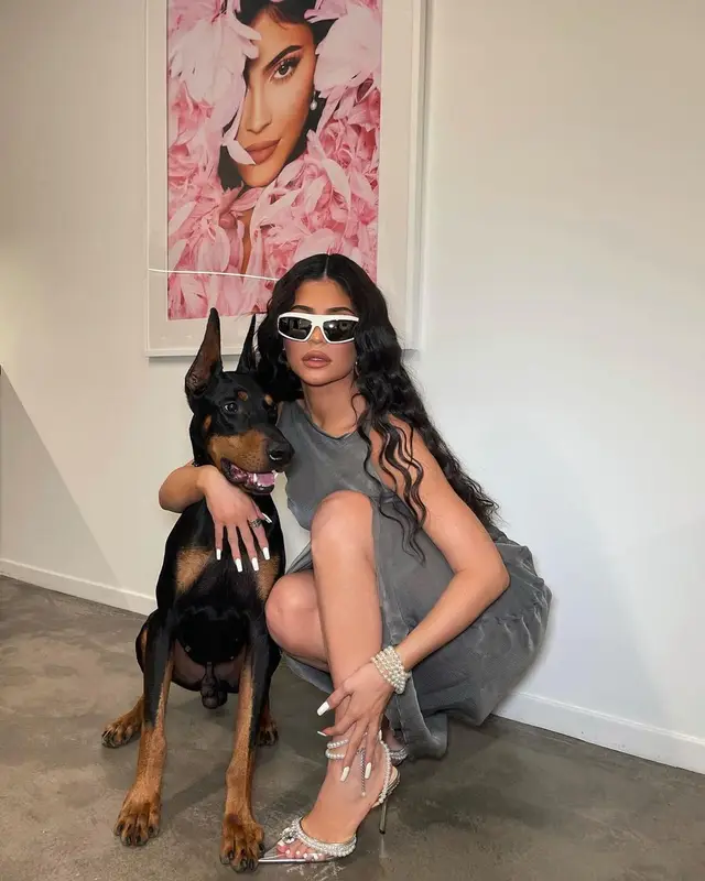 Kylie Jenner outfit in Bottega Veneta, Alberta Ferretti, and Mach & Mach, 2021
