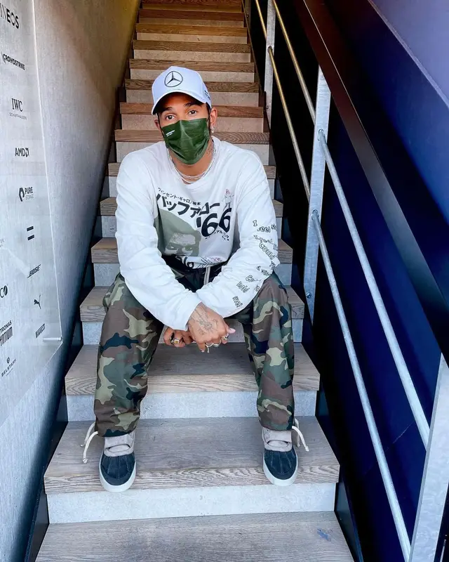 Lewis Hamilton outfit in Enfants Riches Deprimes, Purple Brand, and Mercedes Benz, 2021