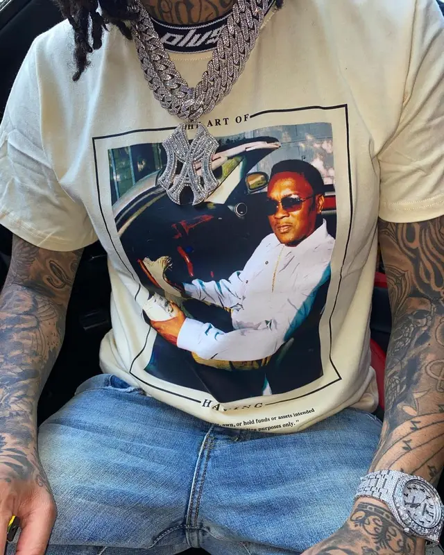 Young M.A outfit in Purple Brand, Jordan, and Louis Vuitton, 2021
