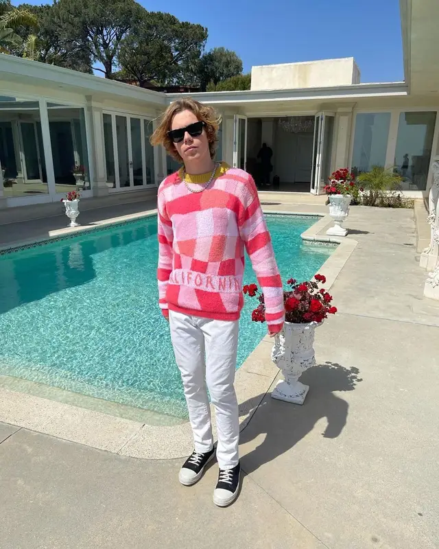 The Kid Laroi outfit in ERL, Purple Brand, and Louis Vuitton, 2021
