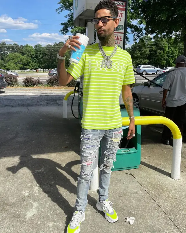 PnB Rock outfit in Dior, Amiri, and Chrome Hearts, 2021
