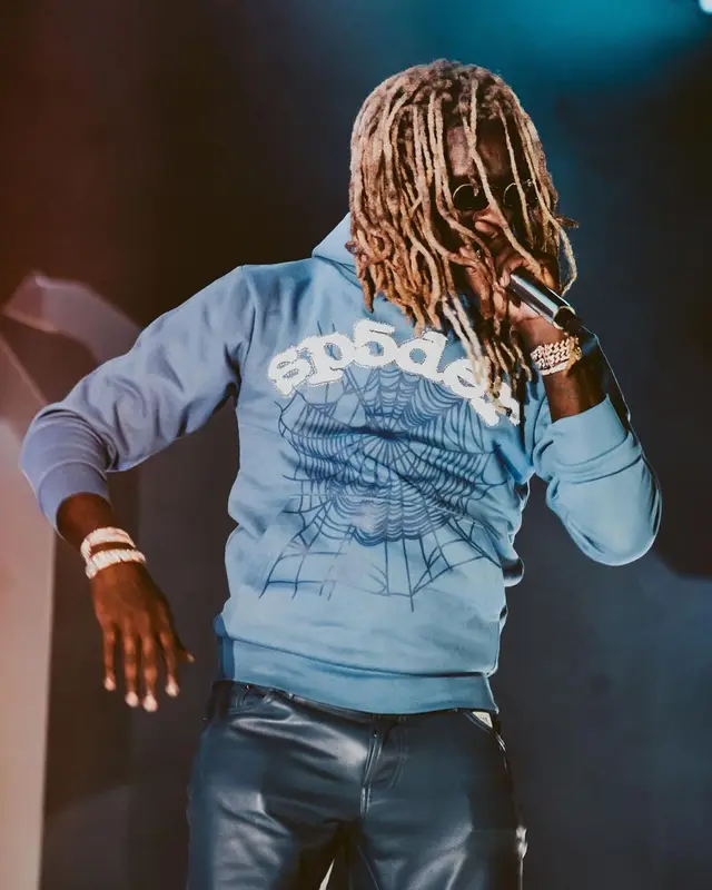 Young Thug outfit in Spider Worldwide, Nike, and Prada, 2021