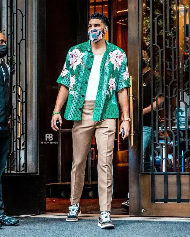 Jayson Tatum outfit in Valentino, Fendi, and Henry Mask, 2021