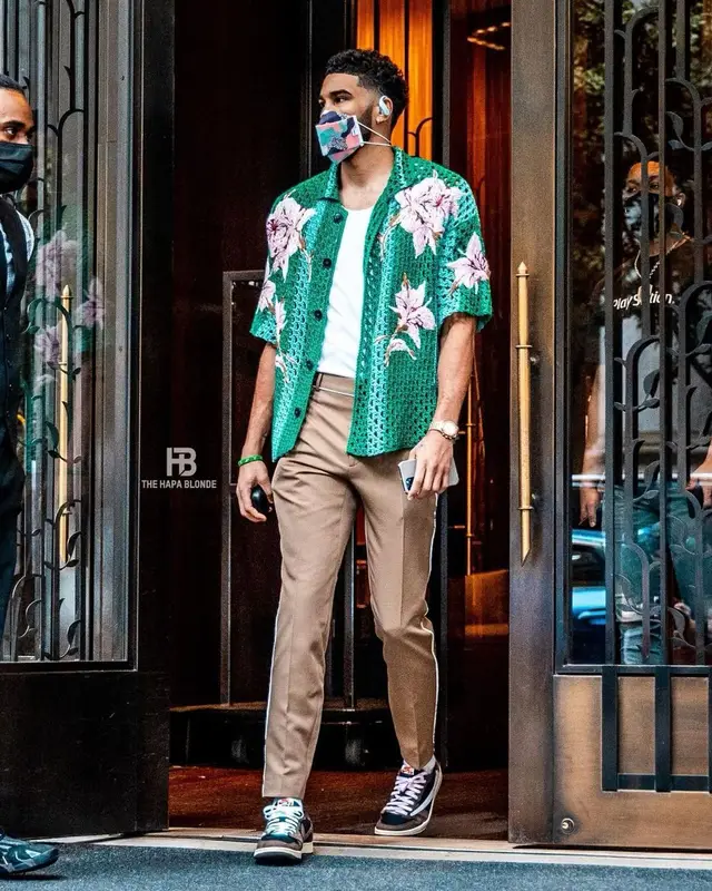 Jayson Tatum outfit in Valentino, Fendi, and Henry Mask, 2021
