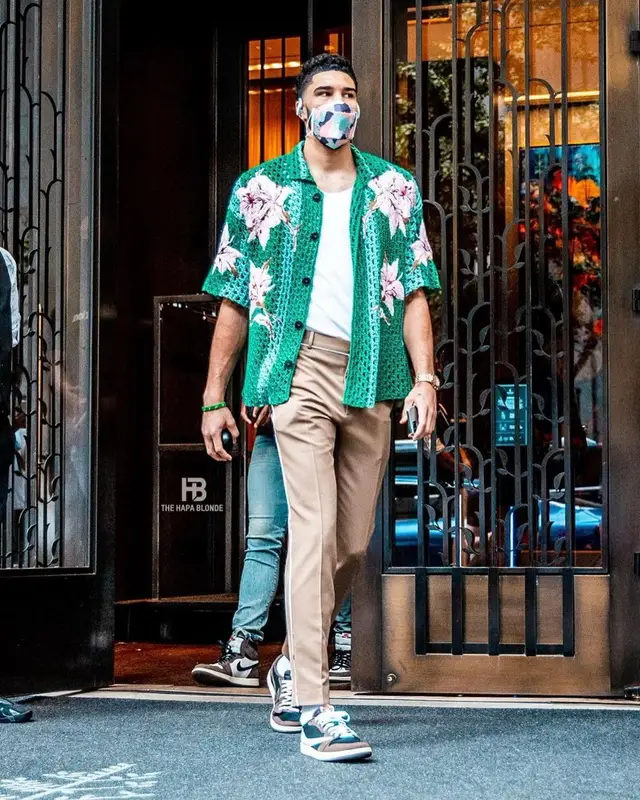 Jayson Tatum outfit in Valentino, Fendi, and Henry Mask, 2021